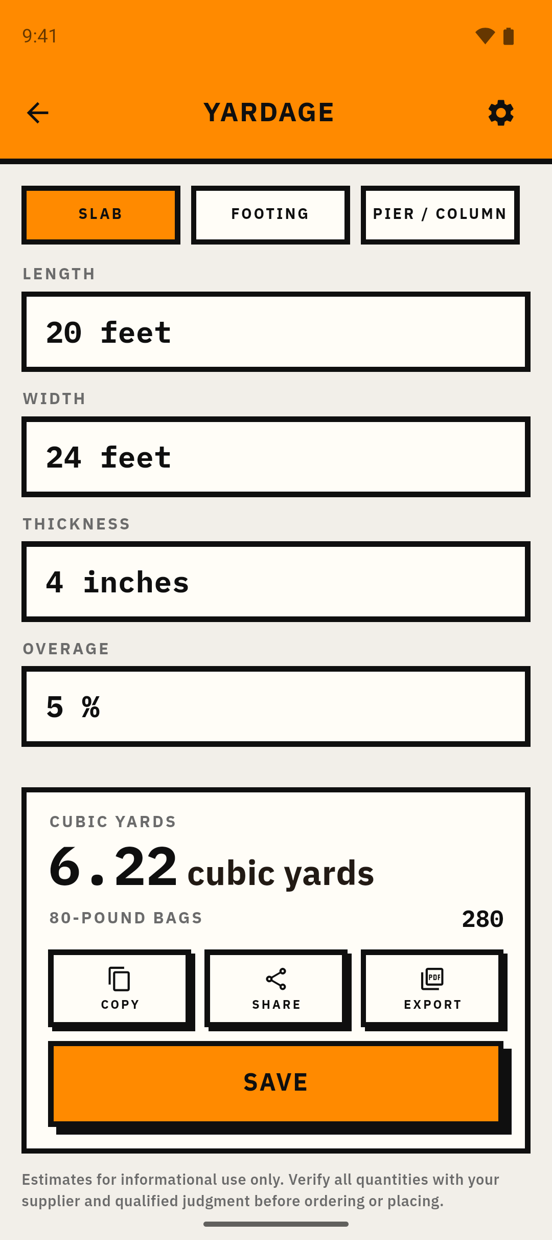 Plumb Concrete Pro yardage calculator result