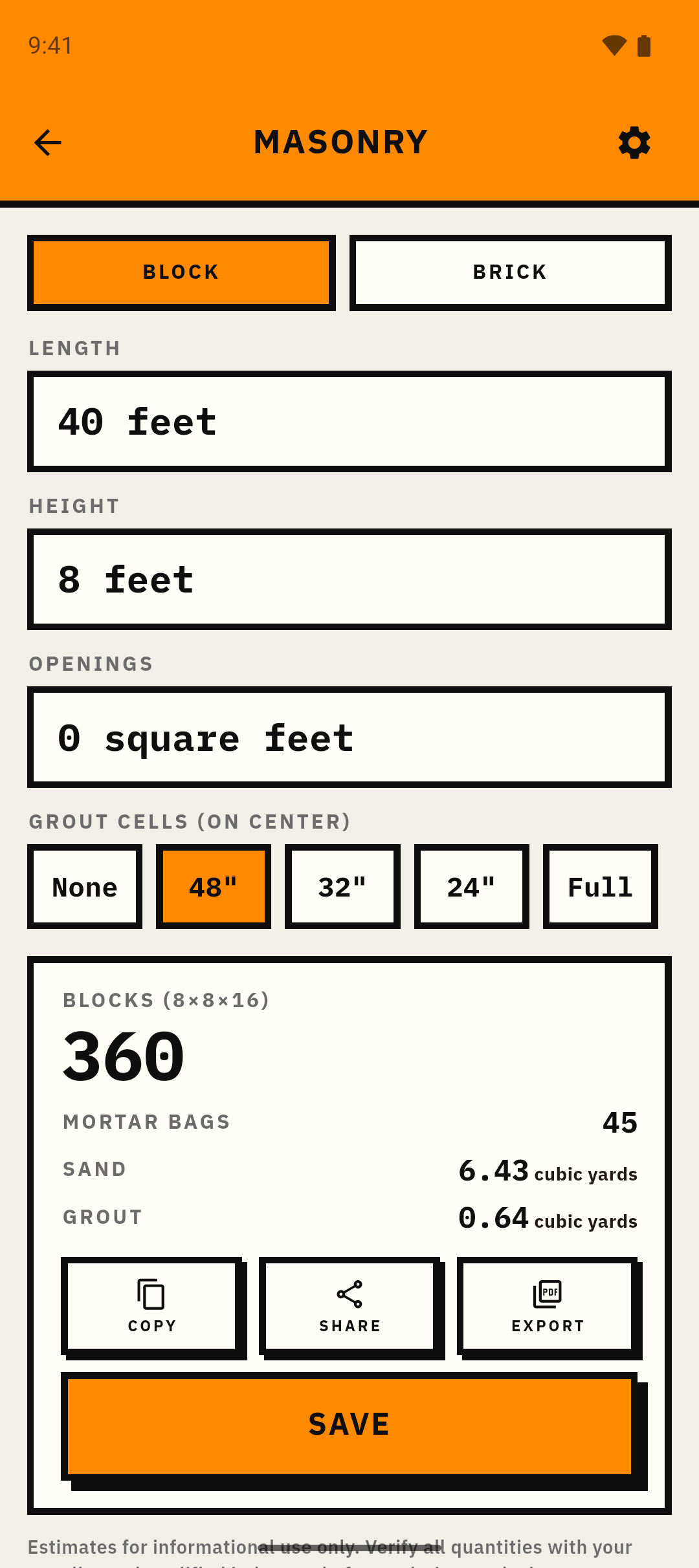 Plumb Concrete Pro masonry calculator