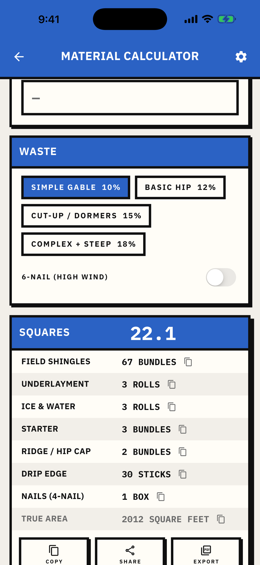 Plumb Roof Pro material calculator result