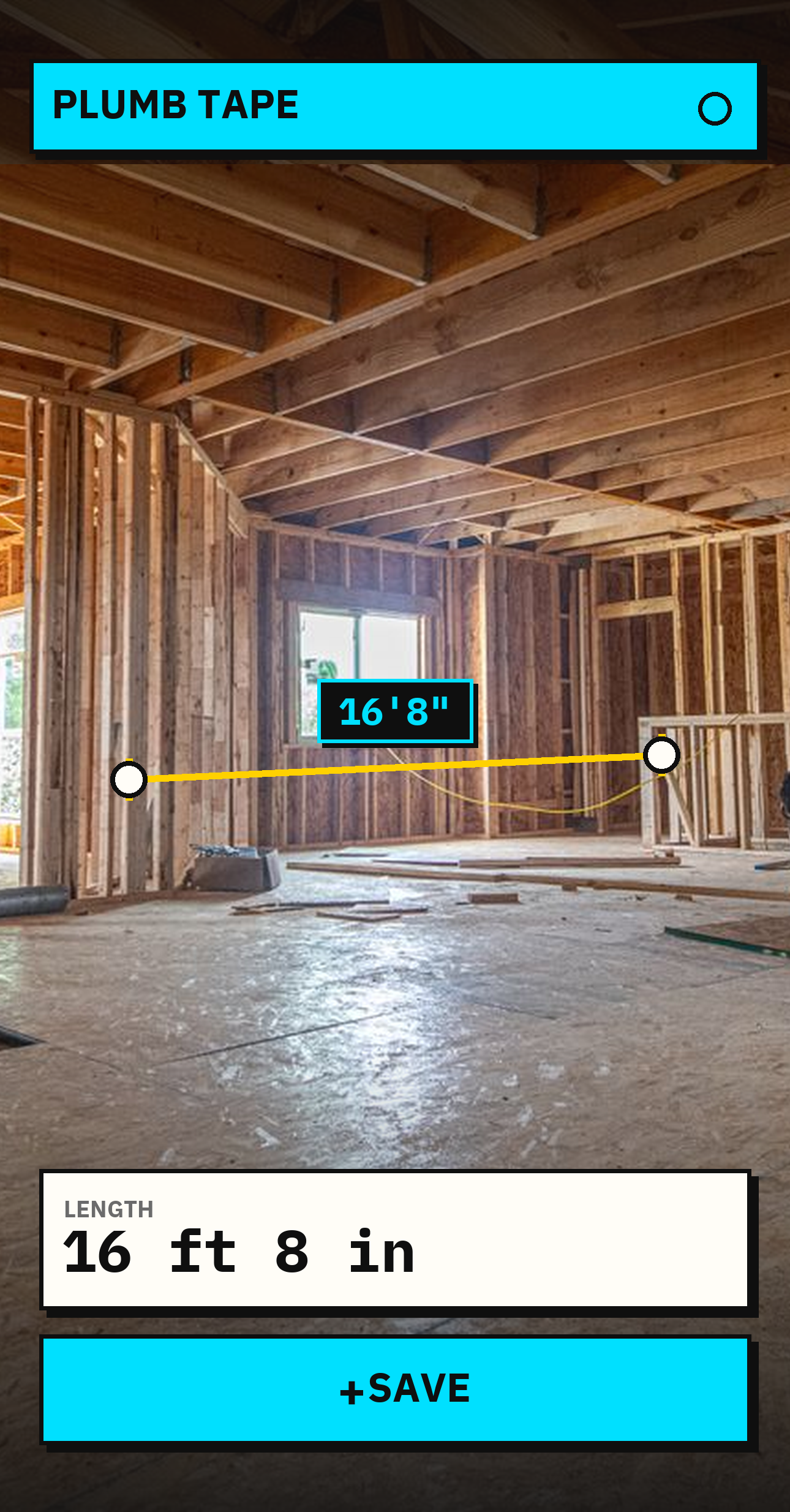 Plumb Tape measuring a framed wall on a jobsite